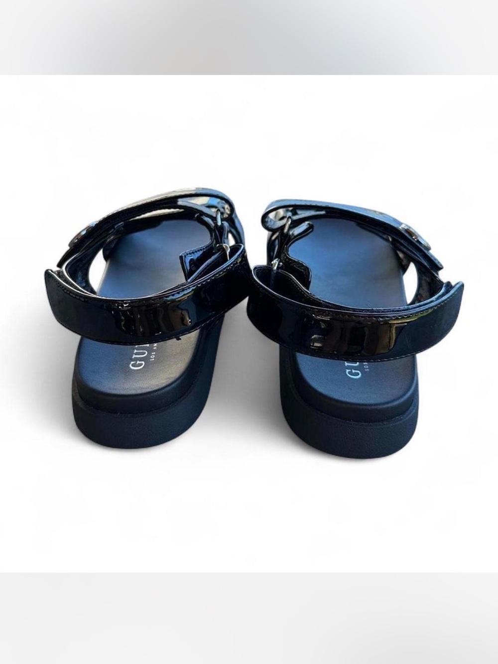 GUESS Black Patent Leather Sandals Velcro straps Size 6.5 - Picture 5 of 5